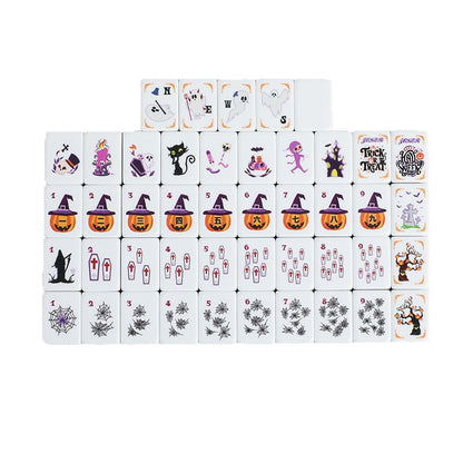 Spooky Night Mahjong Tiles Set – Glossy Orange Candy-Corn Striped Tile Backs with Halloween Pumpkin Dot, Spider-Web Bamboo, Coffin Character, Ghost Wind & Trick-or-Treat Joker American Mahjong Suit Art