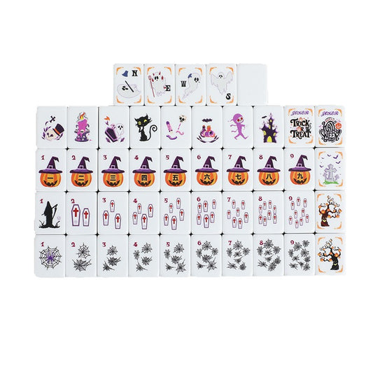 Spooky Night Mahjong Tiles Set – Glossy Orange Candy-Corn Striped Tile Backs with Halloween Pumpkin Dot, Spider-Web Bamboo, Coffin Character, Ghost Wind & Trick-or-Treat Joker American Mahjong Suit Art