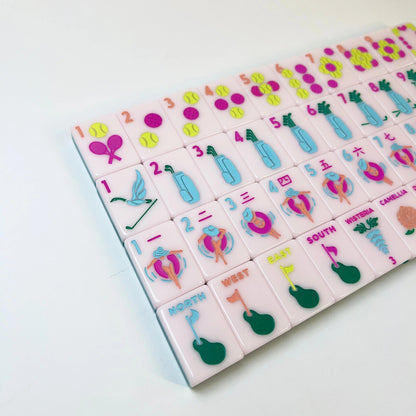 Country_Club_Mahjong_Tiles_Set_Glossy_Solid_Golf-Green_Tile_Backs_with_Soft_Blush-Pink_Tennis-Ball_Dot_Golf-Bag_Bamboo_Poolside_Character_Golf-Flag_Wind_Augusta-Flower_Golf-Cart_Joker_American_Mahjong_Suit_Art