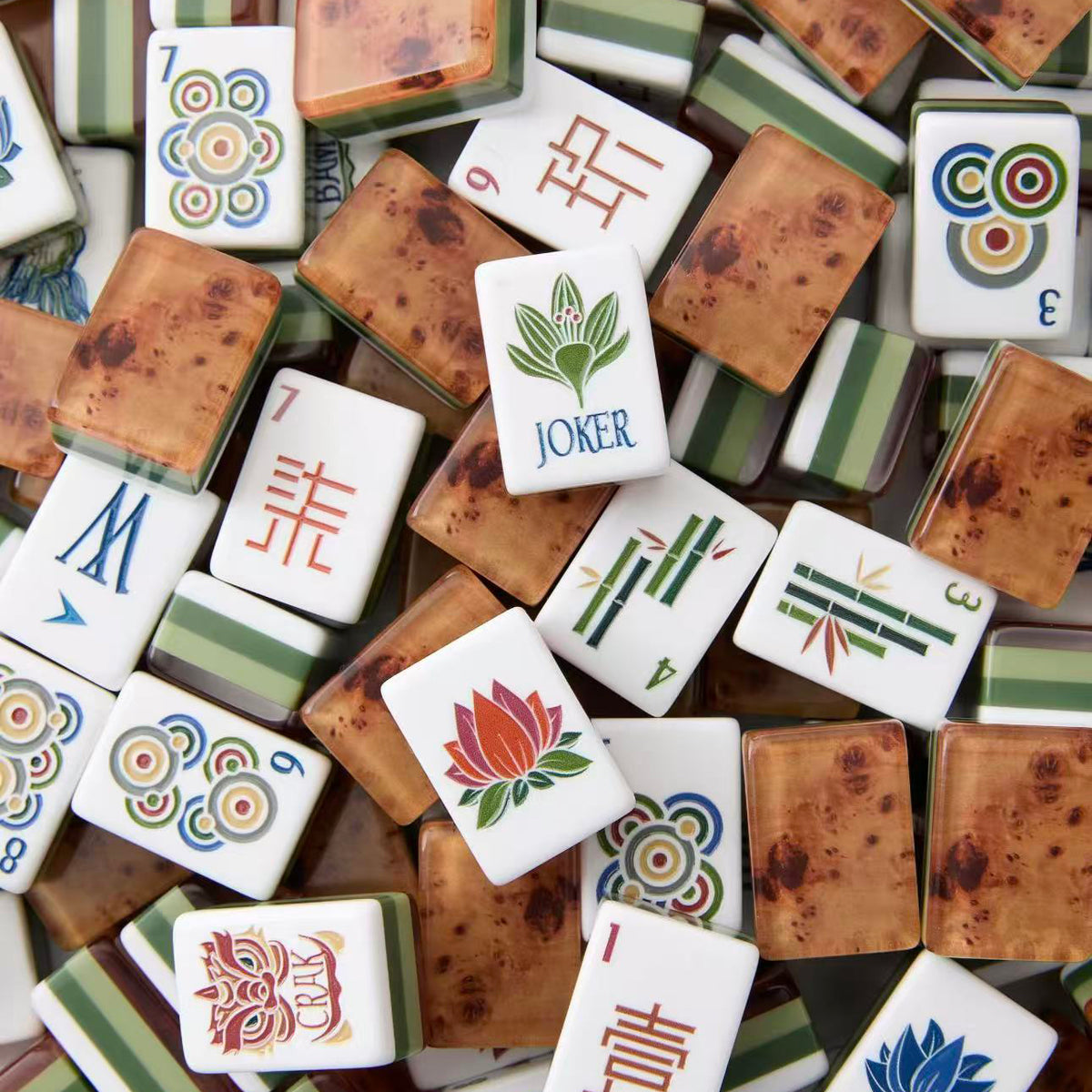 Walnut Vintage Mahjong Tiles Set - Textured Walnut Wood-Grain Acrylic Backs with Lotus Floral, Peacock Bamboo & Dot Suit Art