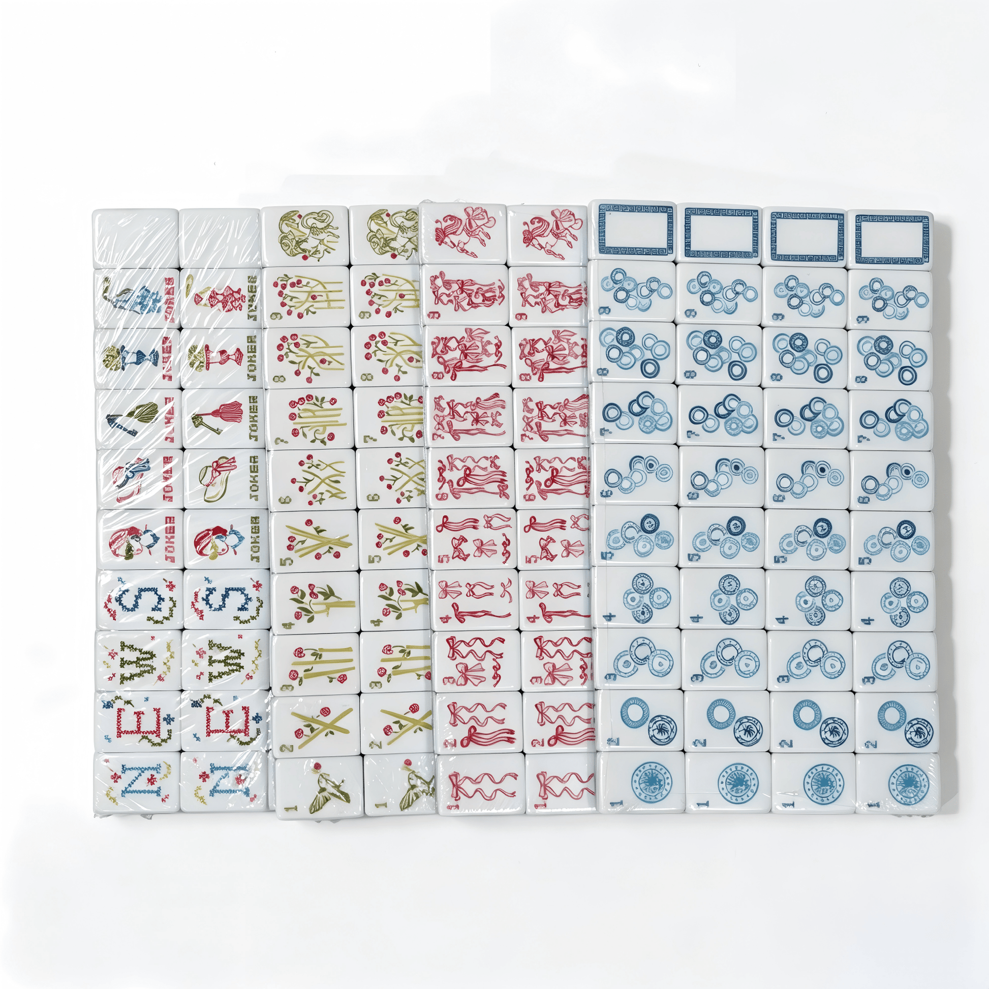 American Mahjong Set by USA Mahjong Co. with 160 linen-textured tiles featuring blue and white striped backs