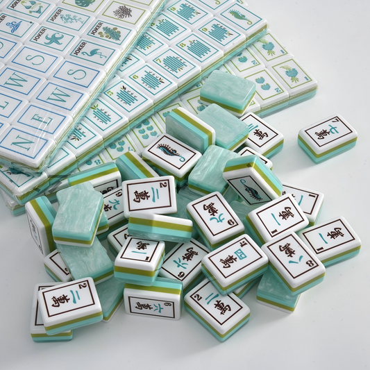 A breath of fresh sea air for your mahjong table. The Coastal Mist features soft mint-marbled acrylic backs with signature multi-layer side stripes in turquoise, lime, and white paired with crisp white faces and exclusive ocean-themed Joker and Flower illustrations. It's coastal elegance meets full NMJL tournament functionality.