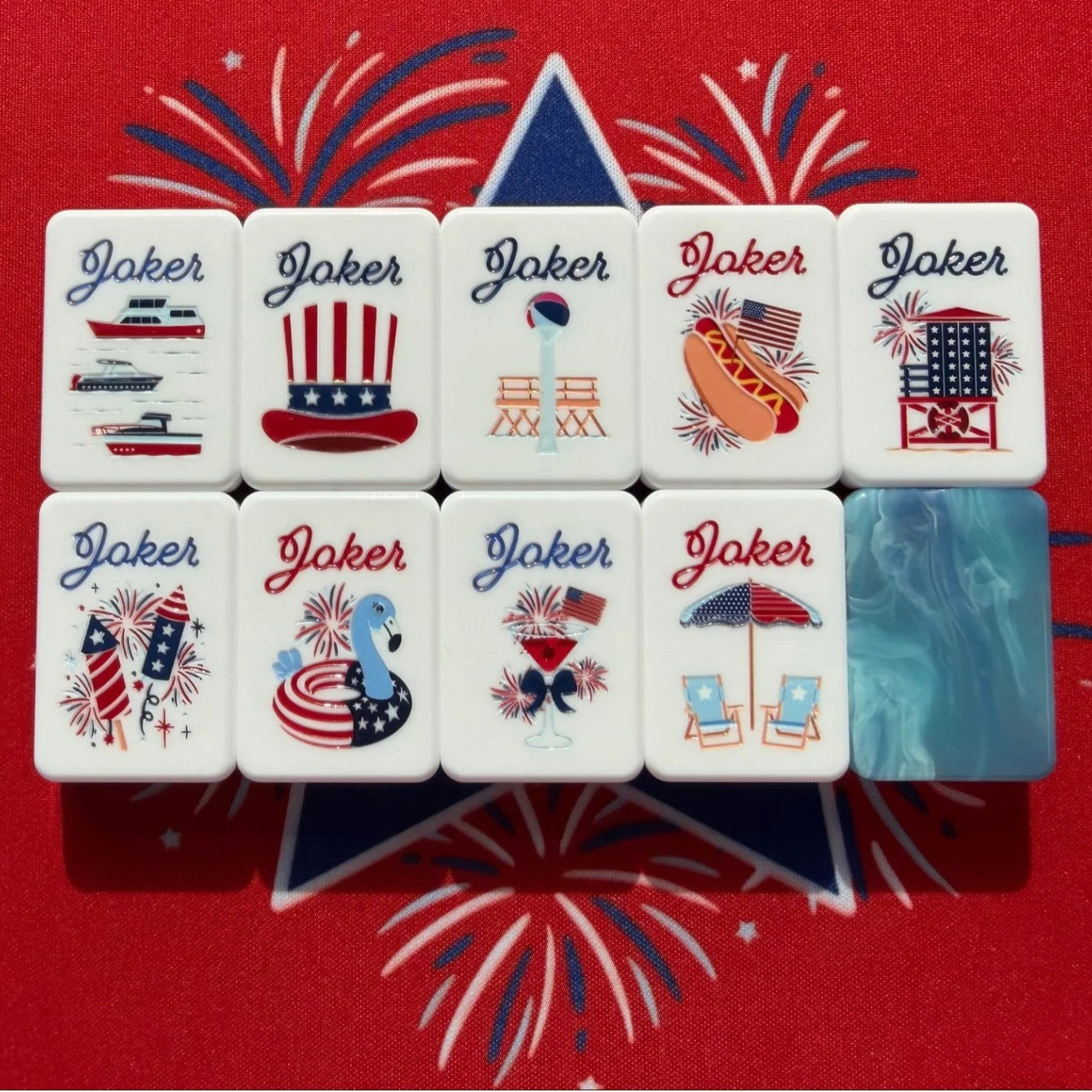 Stars_Stripes_Mahjong_Tiles_Set_Glossy_Light-Blue_Marble_Swirl_Red-White-Striped_Tile_Backs_with_Star-Spangled_Dot_Rocket-Pop_Bamboo_Firework_Character_Fighter-Jet_Wind_Uncle-Sam_Patriotic_Joker_American_Mahjong_Suit_Art