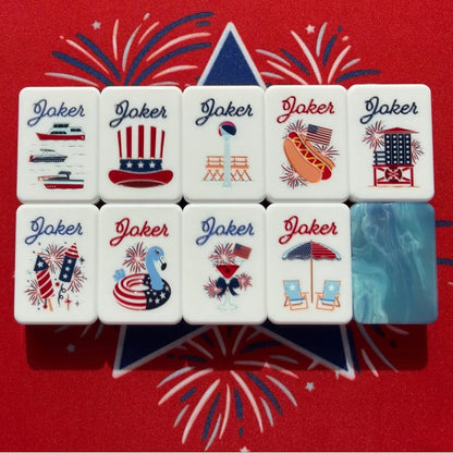 Stars_Stripes_Mahjong_Tiles_Set_Glossy_Light-Blue_Marble_Swirl_Red-White-Striped_Tile_Backs_with_Star-Spangled_Dot_Rocket-Pop_Bamboo_Firework_Character_Fighter-Jet_Wind_Uncle-Sam_Patriotic_Joker_American_Mahjong_Suit_Art