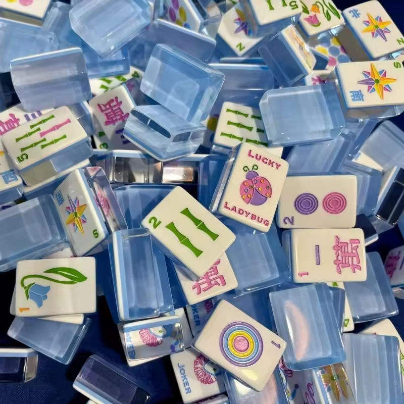 he Lucky Ladybug NMJL American Mahjong Set - Translucent Sky Blue Acrylic Tiles with Ladybug Joker, Tulip Floral & Rainbow Compass Wind Art