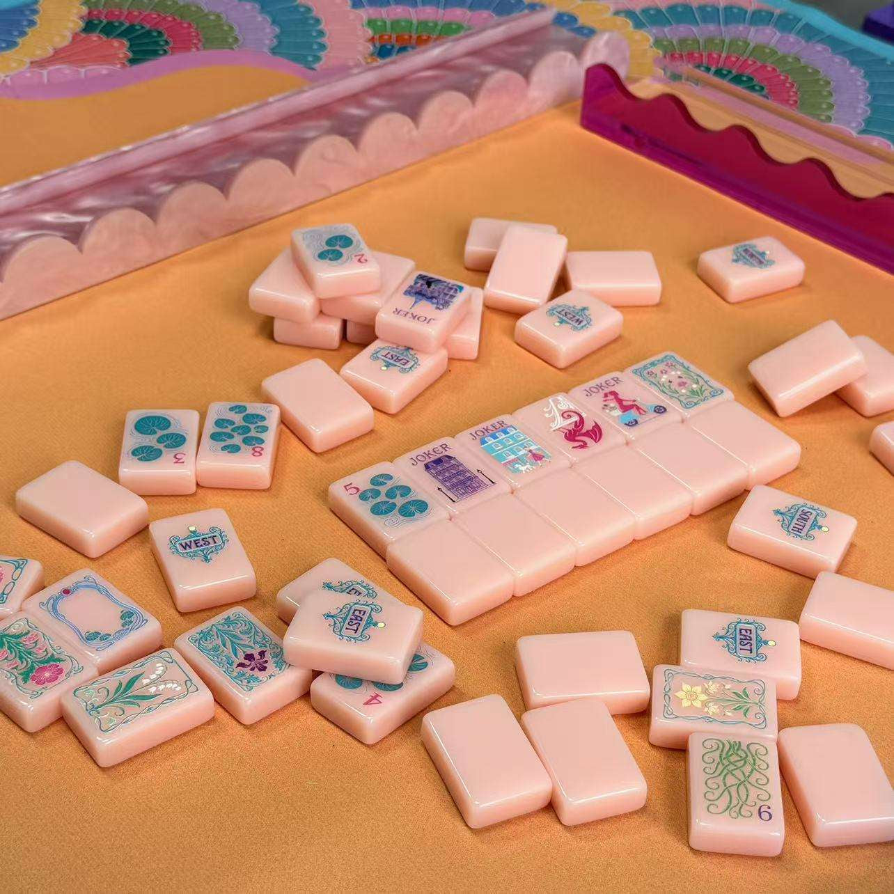 Pink Paris NMJL American Mahjong Set - Powder Pink Melamine Tiles with Parisian Joker and Floral Designs