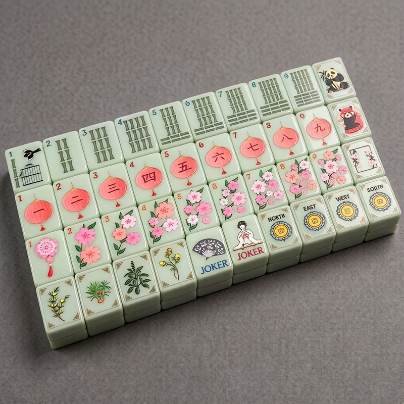 Sakura East Tea House NMJL American Mahjong Set - Jade Green Acrylic Tiles with Cherry Blossom, Red Lantern & Panda Oriental Art