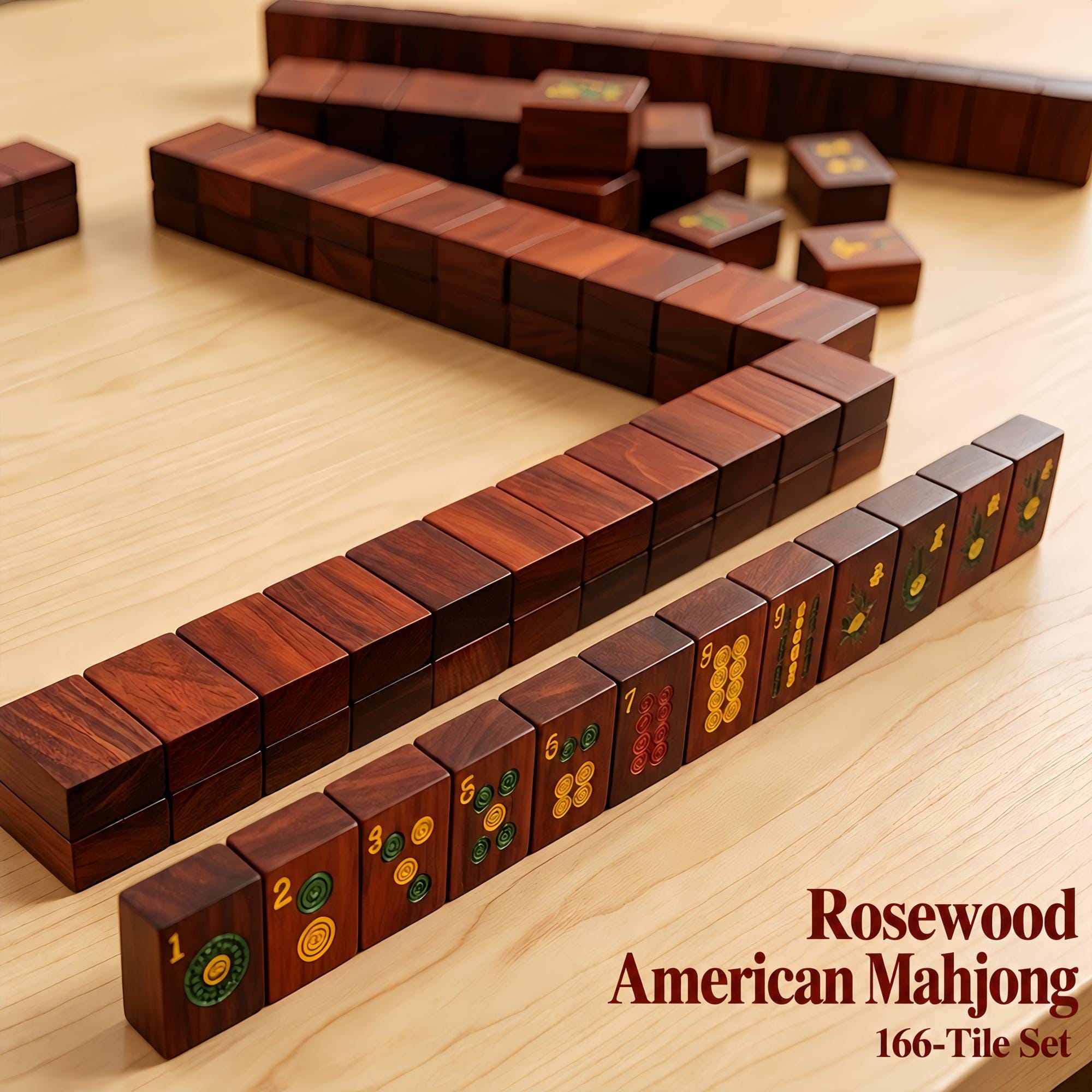 Rosewood American mahjong 166-tile set showing warm red-brown grain and gold engravings