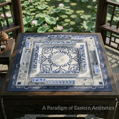 Blue and White Porcelain American mahjong tiles closeup, blue marble swirl back, oriental floral artwork on tile face