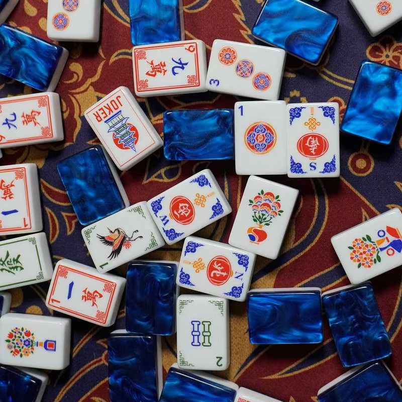 Pagoda Sapphire NMJL American Mahjong Set - 166 White Tiles with Marbled Blue Backs Pagoda Joker Flowers and Winds