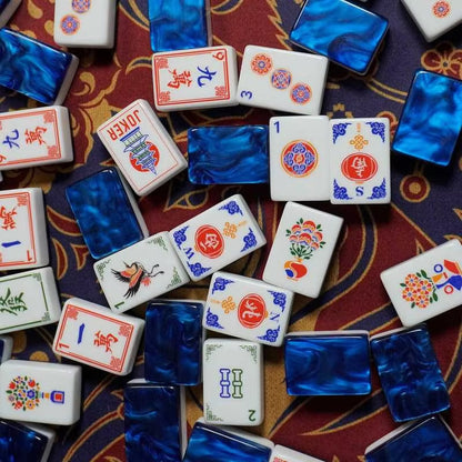 Pagoda Sapphire NMJL American Mahjong Set - 166 White Tiles with Marbled Blue Backs Pagoda Joker Flowers and Winds