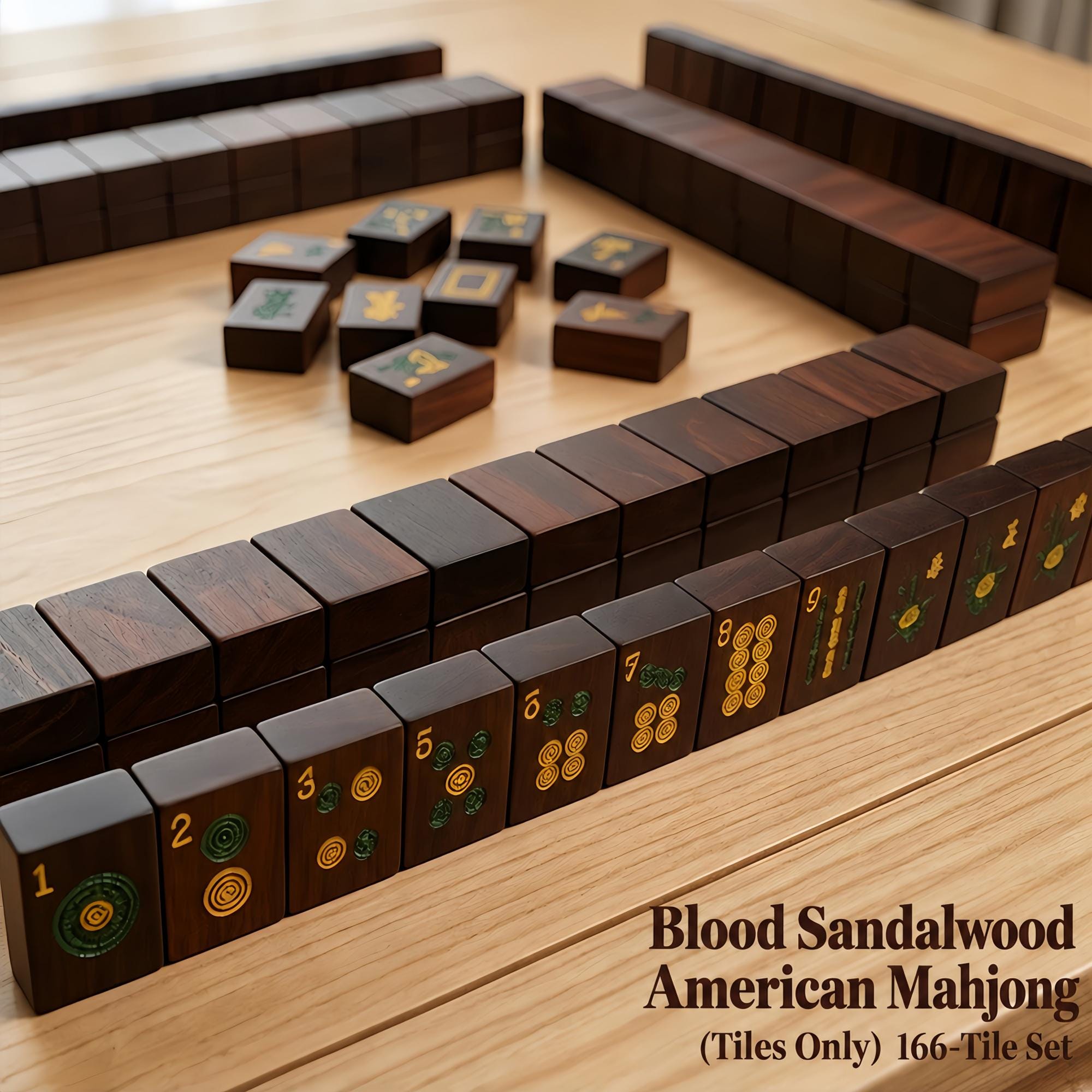 Blood sandalwood American mahjong set with deep dark mahogany tiles and gold engraved symbols