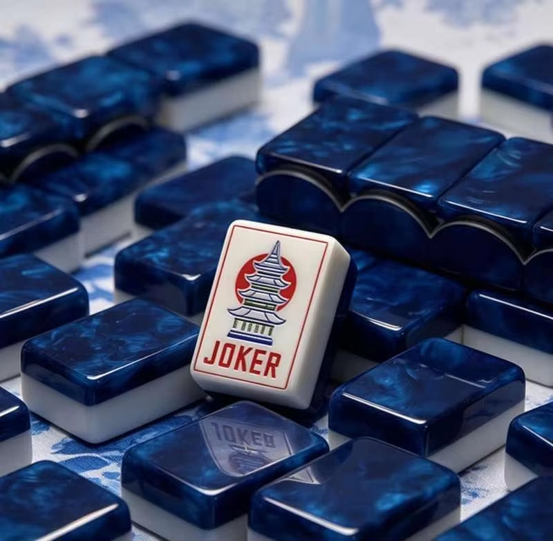 Pagoda Joker Mahjong Tile - Red Pagoda Illustration on White Tile with Sapphire Blue Marbled Acrylic Backs