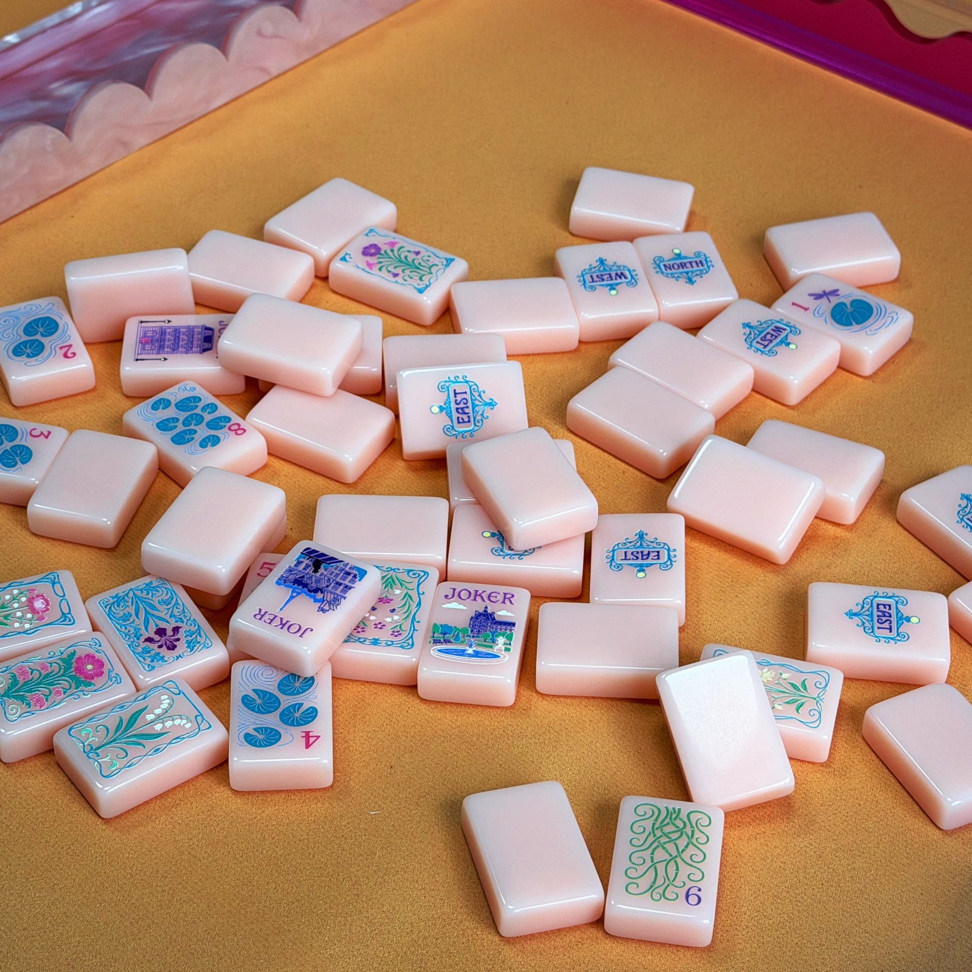 Pink Paris Full Mahjong Tile Set - 166 Tiles Showing Bams Dots Craks Winds Flowers and Jokers NMJL Standard