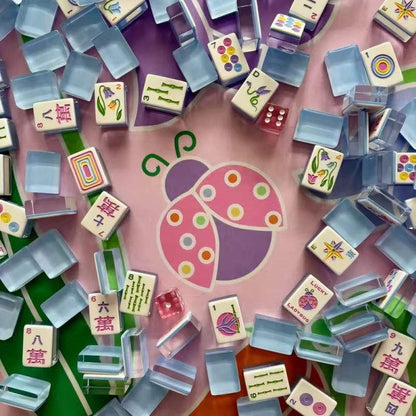 Whimsical Lucky Ladybug Mahjong Styling Shot - Pastel Floral Bamboo & Dot Tiles on Ladybug Print Game Mat
