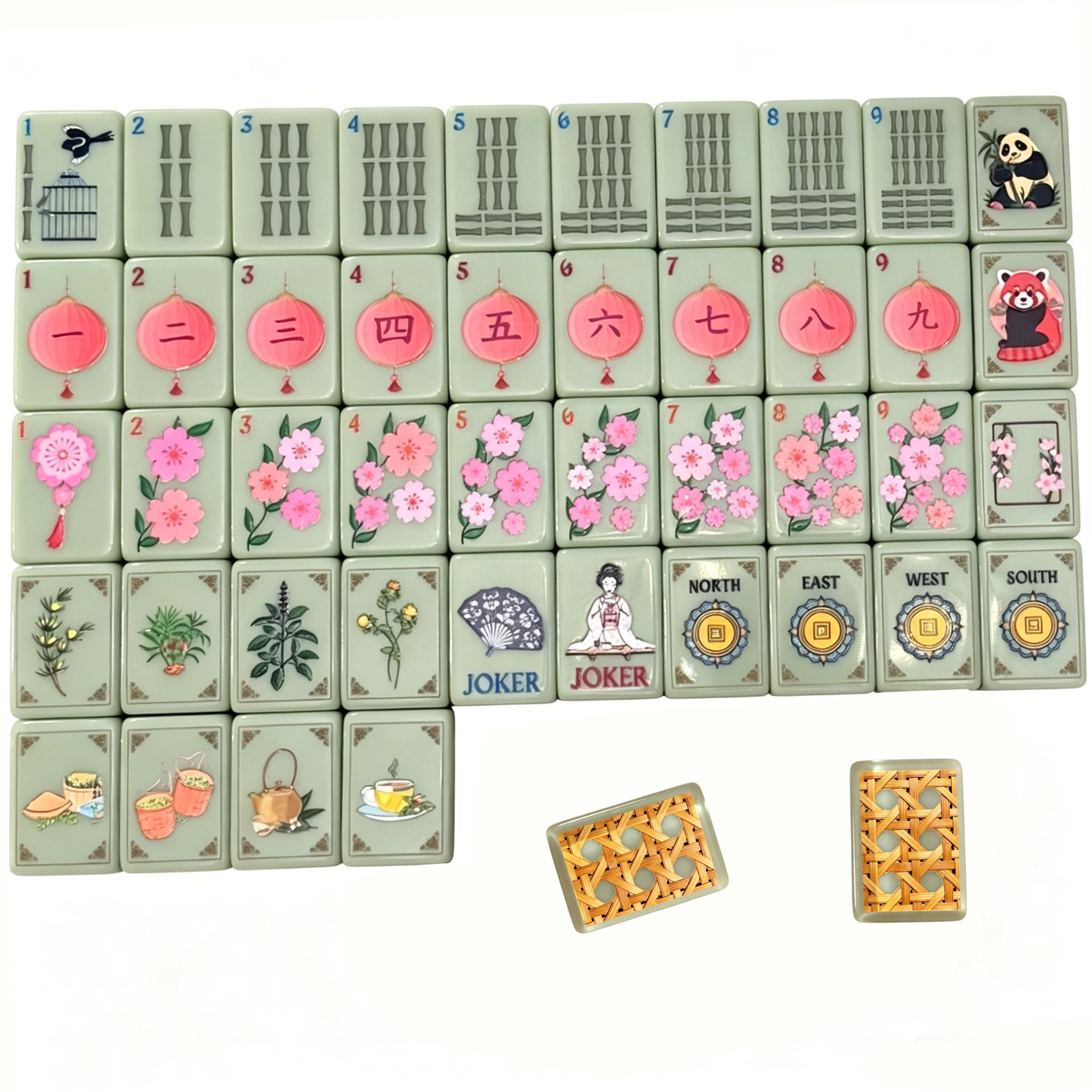 Full 166 Tile Layout of Oriental Sakura Mahjong - Tea Set Illustrations, Geisha Fan Jokers & Gold Coin NEWS Wind Tiles
