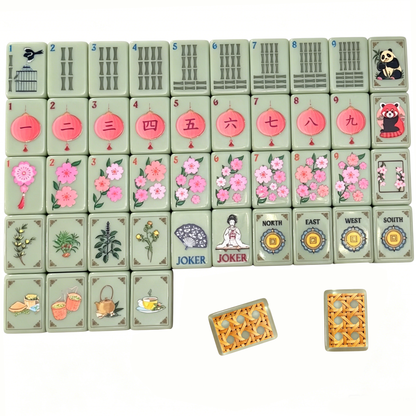 Full 166 Tile Layout of Oriental Sakura Mahjong - Tea Set Illustrations, Geisha Fan Jokers & Gold Coin NEWS Wind Tiles