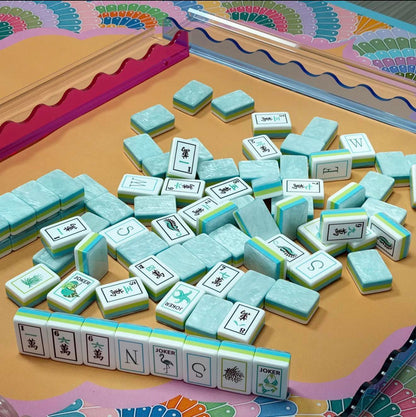 Coastal Mist NMJL American Mahjong Set - Mint Marbled Acrylic Tiles with Ocean-Themed Jokers and Layered Side Stripes
