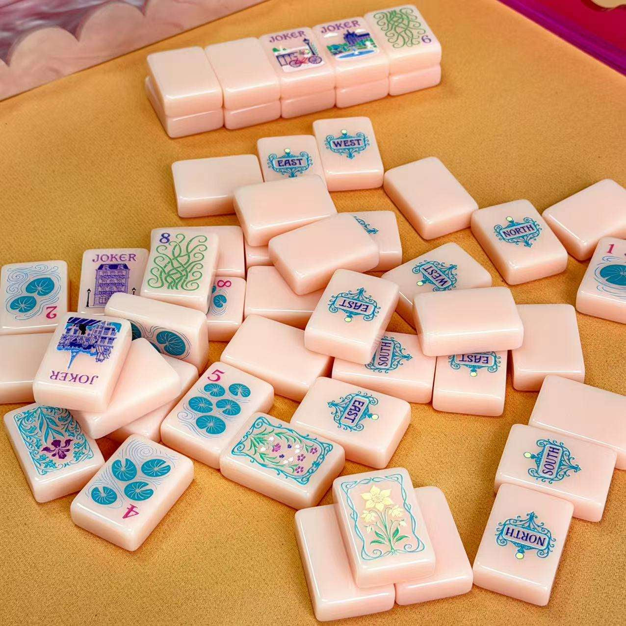 Pink Paris Full Mahjong Tile Set - 166 Tiles Showing Bams Dots Craks Winds Flowers and Jokers NMJL Standard