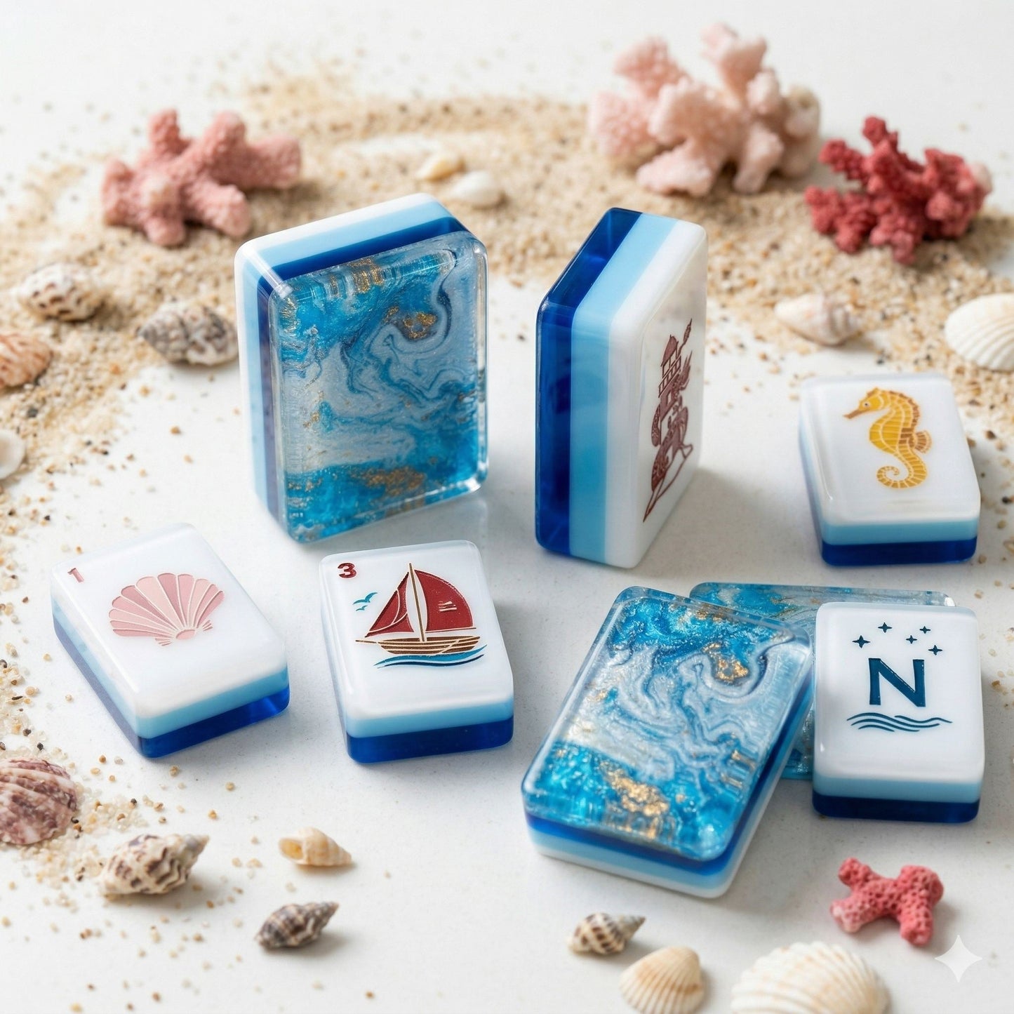 Coastal Mahjong Tiles Close-up - Seagull Sailboat Sea Turtle Seahorse and Tropical Wind Tiles on Sandy Background