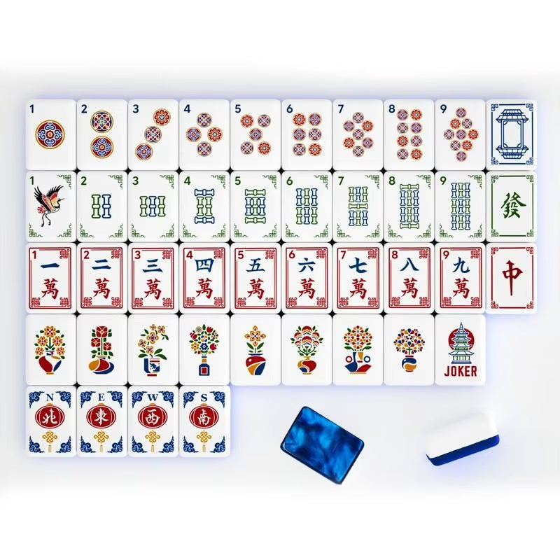 Marbled Blue Acrylic Mahjong Tiles Close-up - Pagoda Joker Peacock Bam and Crak Engravings on Patterned Background