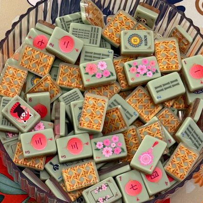 Jade Green Rattan Back Mahjong Tiles Mixed Shot - Sakura Flower, Red Lantern and Red Panda Tile Close Up