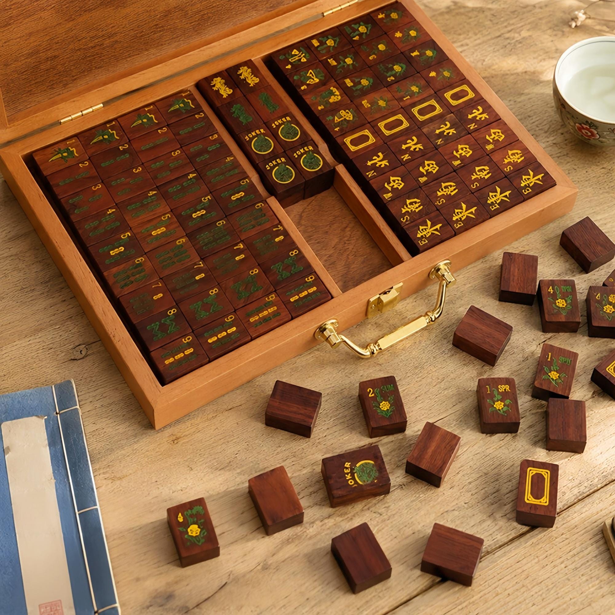 Solid wood mahjong storage chest open showing 166 hand-carved hardwood tiles inside
