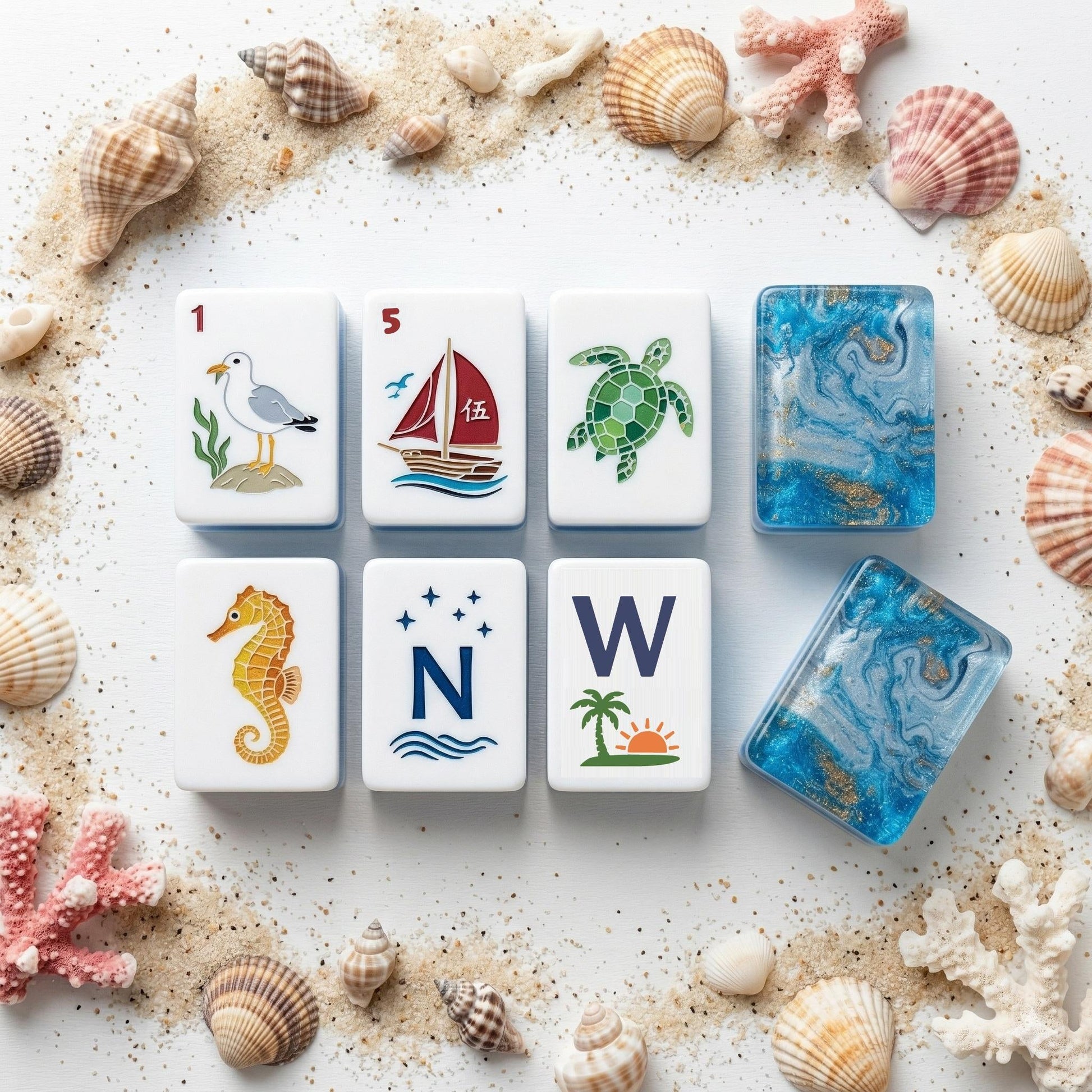 Coastal Mahjong Tiles Close-up - Seagull Sailboat Sea Turtle Seahorse and Tropical Wind Tiles on Sandy Background