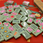 Traditional Asian Tea House Mahjong Styling Shot - Cherry Blossom Floral & Magpie Bird Cage Bamboo Tiles