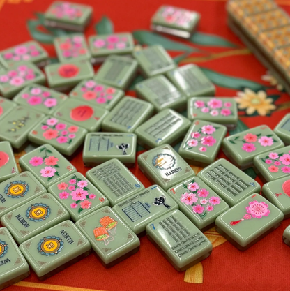 Traditional Asian Tea House Mahjong Styling Shot - Cherry Blossom Floral & Magpie Bird Cage Bamboo Tiles