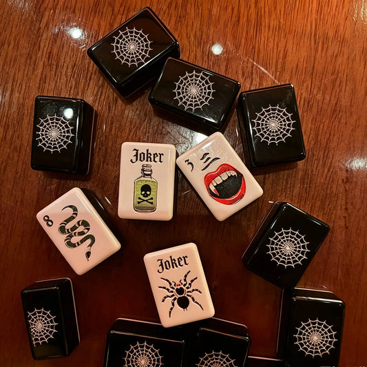 Halloween Gothic Mahjong Tiles - Black Spider Web Backs with Poison Joker Vampire Crak and Snake Bam Close-up