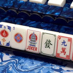Sapphire Blue Mahjong Tiles in Play - Pagoda Joker South Wind and Dragon Tiles Heirloom Acrylic NMJL Set