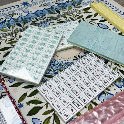 Mint Marbled Mahjong Tiles Close-up - Starfish and Sea Plant Joker Tiles with Layered Acrylic Construction