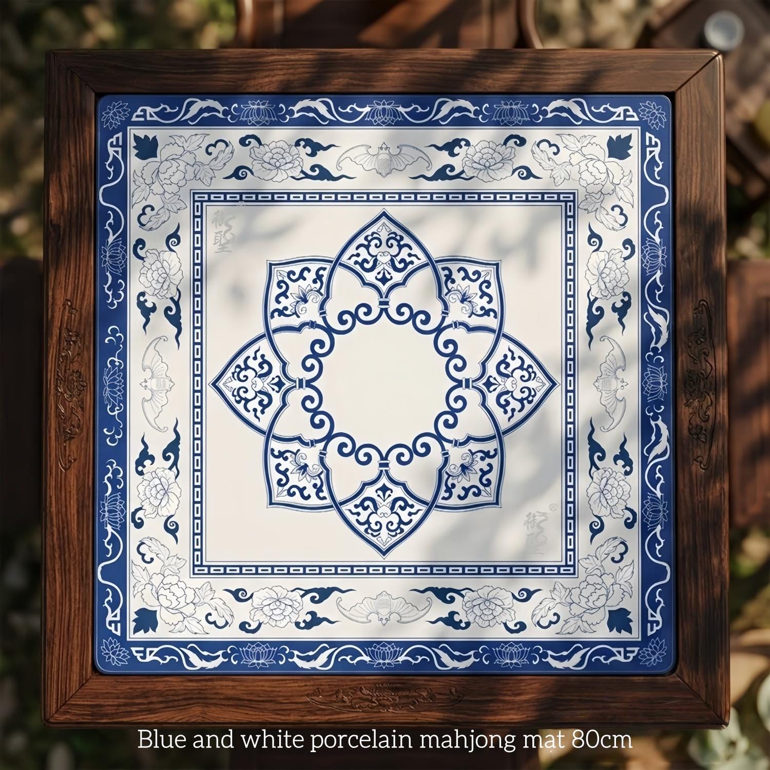 Matching blue and white porcelain mahjong mat, 80cm, with the same cobalt blue pattern as the tile set