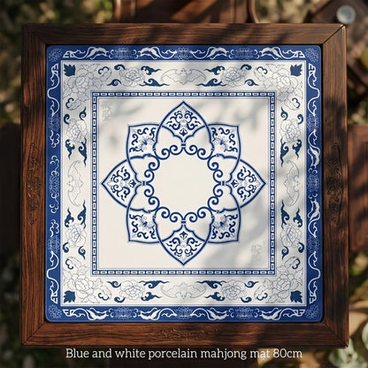 80cm square blue and white porcelain mahjong game mat, traditional chinese floral pattern