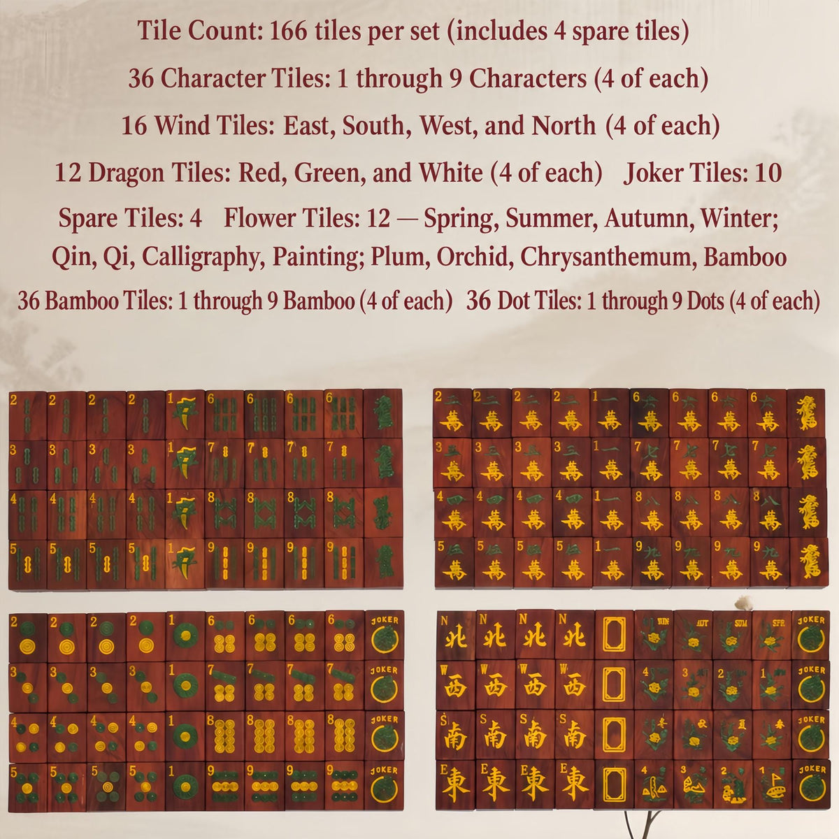 Solid red wood American mahjong set laid out for gameplay, wooden mahjong tiles with dragon embroidered coasters on light wood surface
