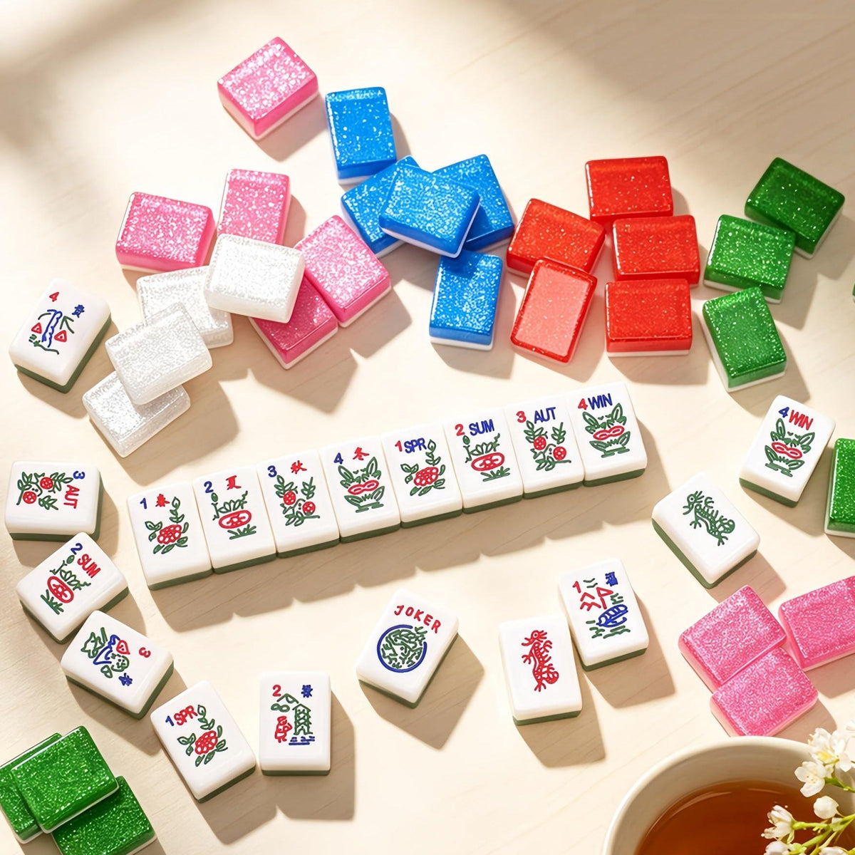 Crystal Shimmer mahjong set scattered on light wood table, translucent glitter tile backs in pink, blue, red, green and clear, white tile faces with season and flower artwork, colorful American mahjong tiles