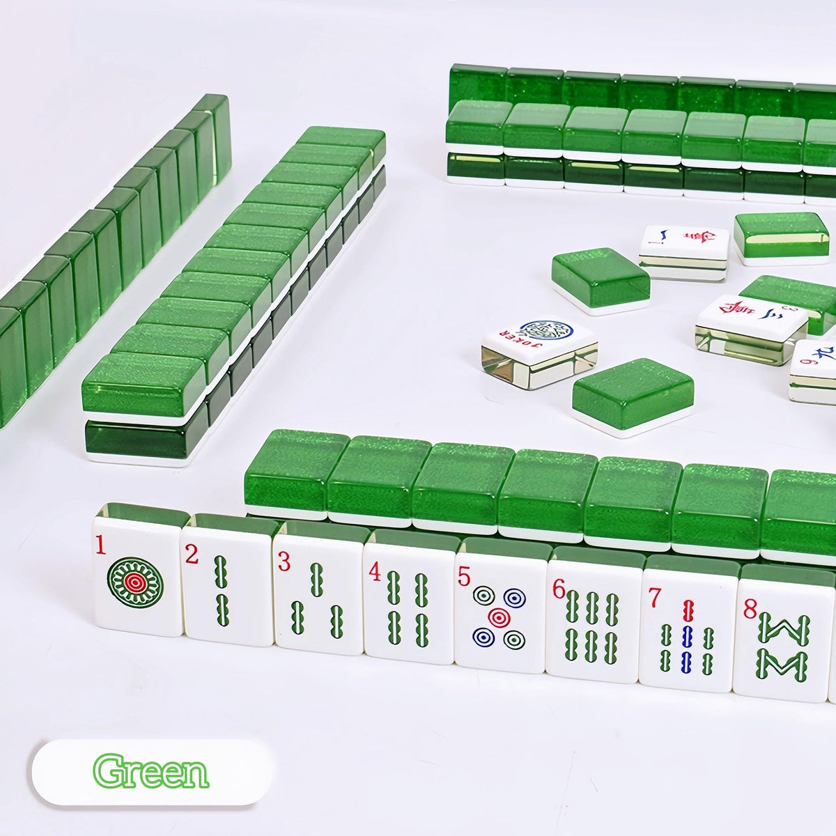Crystal Shimmer Green mahjong set, full wall build with green glitter translucent backs, white dot and bamboo suit tiles, green color label, American mahjong tiles
