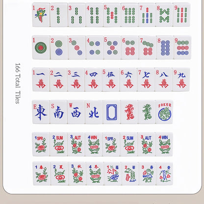 Crystal Shimmer mahjong 166-tile specification chart, complete layout showing bamboo, dots, characters, winds, dragons, circled joker, English SPR/SUM/AUT/WIN season tiles and Chinese flower tiles, American mahjong set breakdown