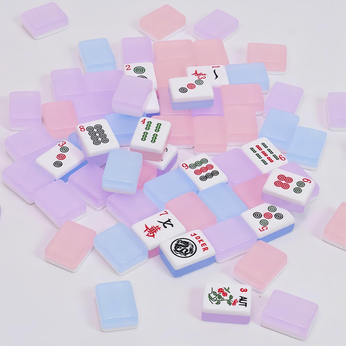 Jelly Macaron translucent glossy American mahjong tiles scattered on white background, semi-transparent pink purple blue jelly macaron backs, tile faces with joker, season, dot and bamboo mahjong symbols