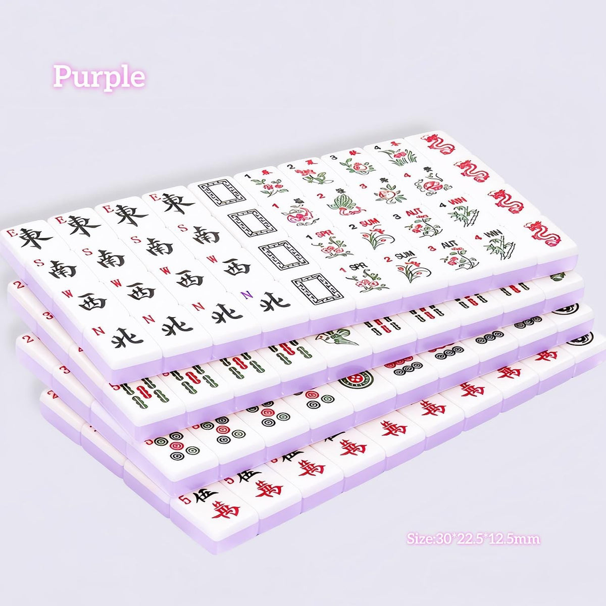 Purple Jelly Macaron translucent glossy American mahjong tiles stacked display, white tile faces with winds, dragons, character suits, size 30*22.5*12.5mm, purple label