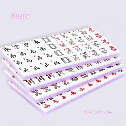 Purple Jelly Macaron translucent glossy American mahjong tiles stacked display, white tile faces with winds, dragons, character suits, size 30*22.5*12.5mm, purple label