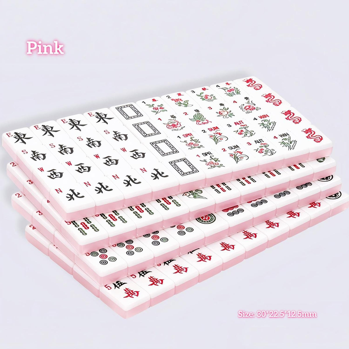 Pink Jelly Macaron translucent glossy American mahjong tiles stacked display, white tile faces with complete mahjong symbols, size 30*22.5*12.5mm, pink label