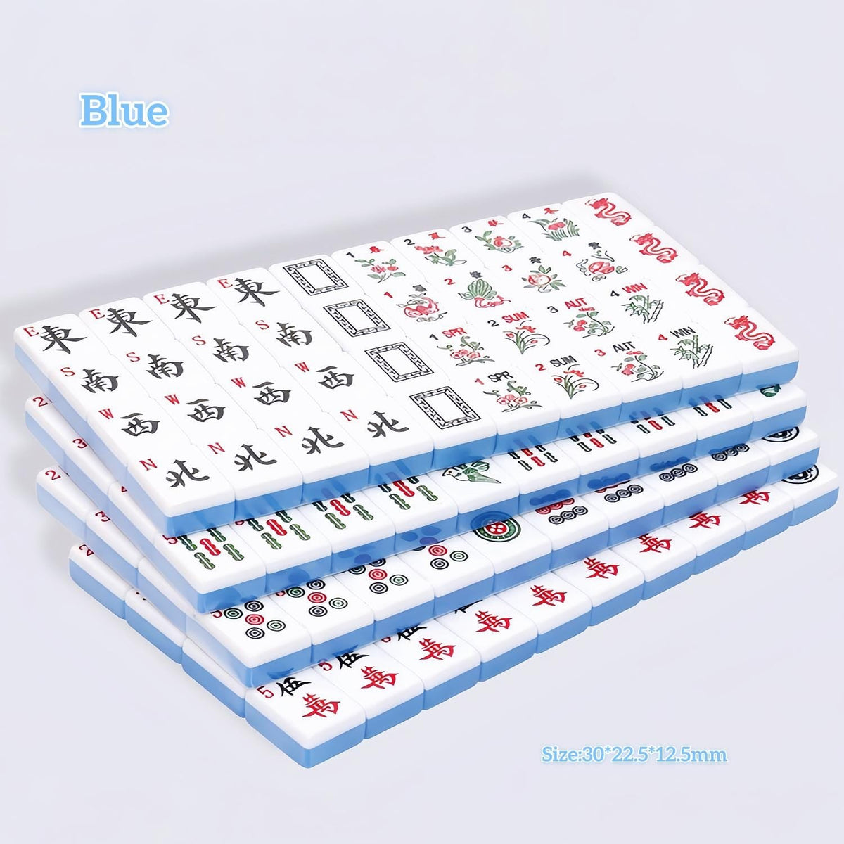 Blue Jelly Macaron translucent glossy American mahjong tiles stacked display, white tile faces with winds, dots and character tiles, size 30*22.5*12.5mm, blue label