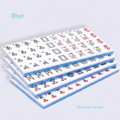 Blue Jelly Macaron translucent glossy American mahjong tiles stacked display, white tile faces with winds, dots and character tiles, size 30*22.5*12.5mm, blue label