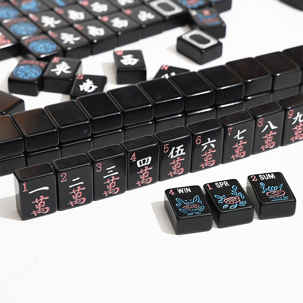 Melamine NMJL Tournament Mahjong - Black Crak Tiles with Neon Numerals and English Letters