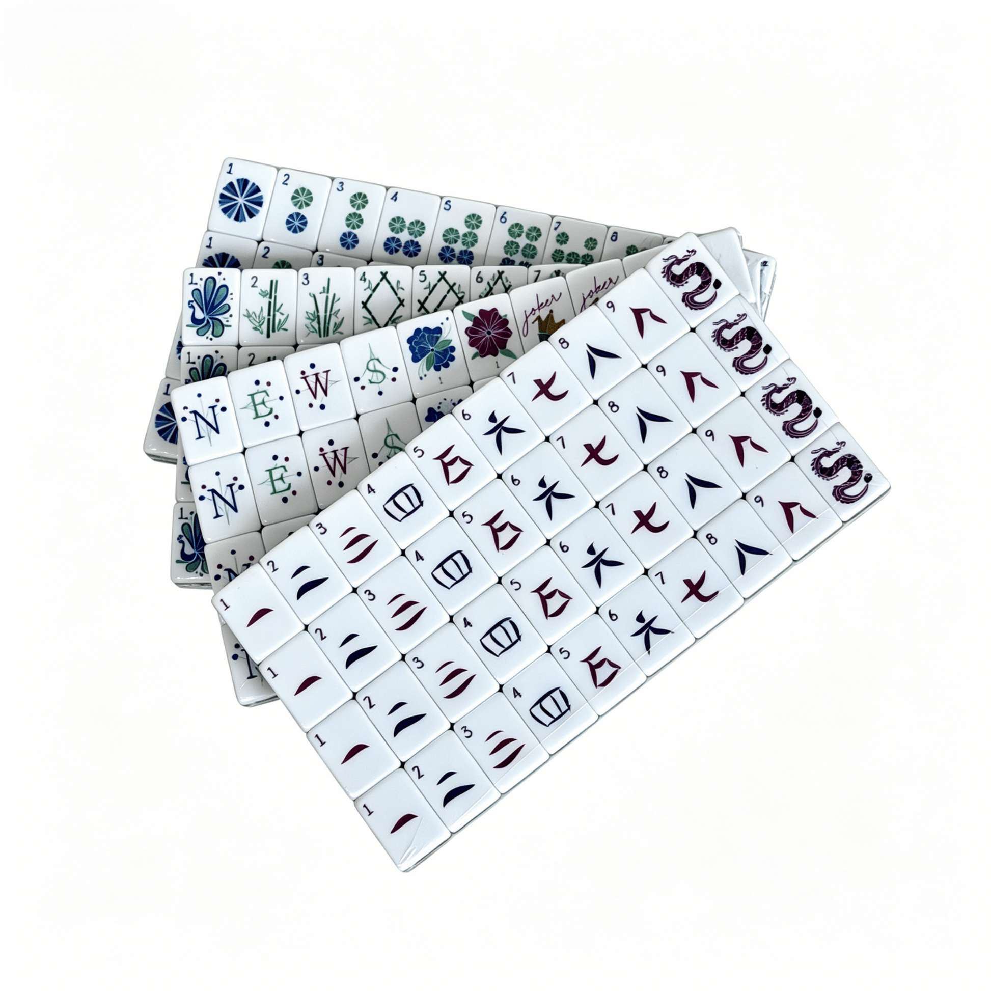 American Mahjong set with 160 acrylic tiles featuring floral jokers and spares, by USA Mahjong Co.