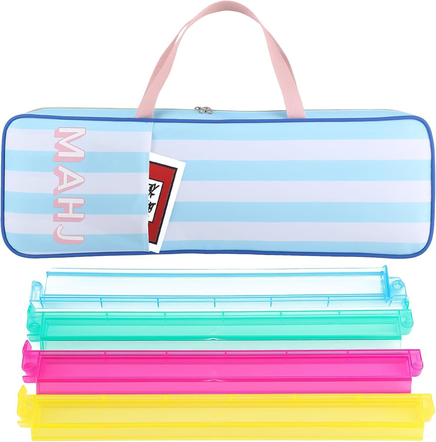 Nautical Blue Stripe Mahjong Set - Coastal Blue and White Striped Bag with 4 Racks
