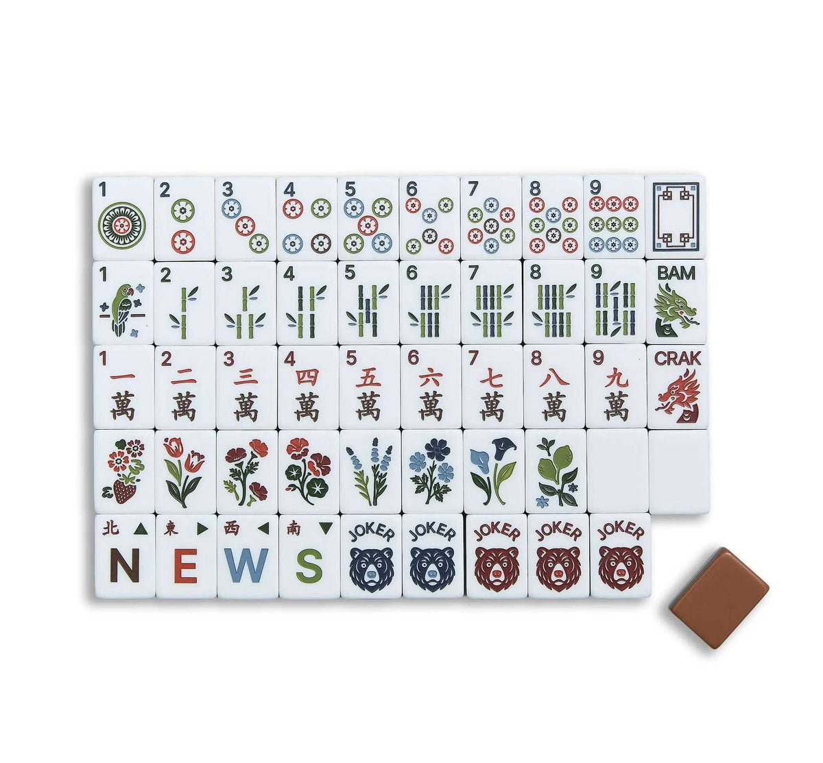 Wildwood Bear mahjong overhead scattered shot, mixed character, dot and bamboo tiles, mocha‑brown layered backs, rustic botanical bear‑joker American mahjong set