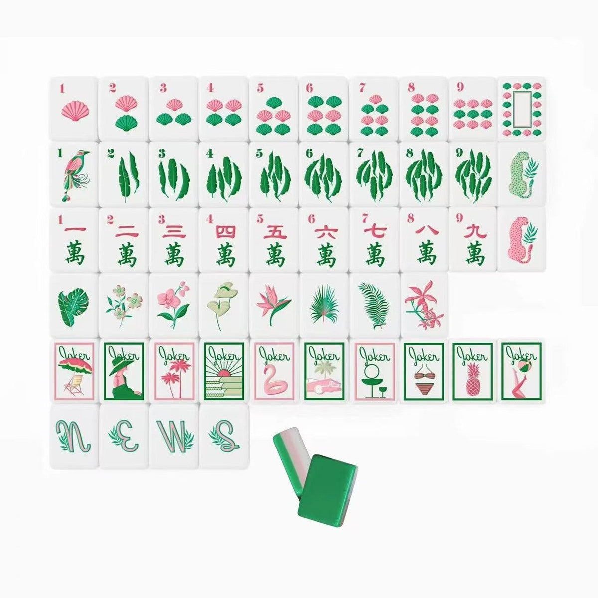 This fun retro‑vacation style mahjong set features stunning three‑layer tile backs in green‑pink‑white gradient, paired with hand‑drawn tropical artwork across tile faces. Enjoy playful joker tiles featuring flamingos, palm trees, retro cars, poolside cocktails, pineapples and swim‑suit motifs. Suits include shell‑styled dots, banana‑leaf bamboo, tropical floral character tiles, decorative tropical‑theme wind tiles and vivid bird accents. Complete 166‑tile set fully compliant with official American mahjong 